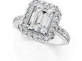 White gold Emerald Cut Diamond Halo Ring with Pavé Band and Prong Setting_8
