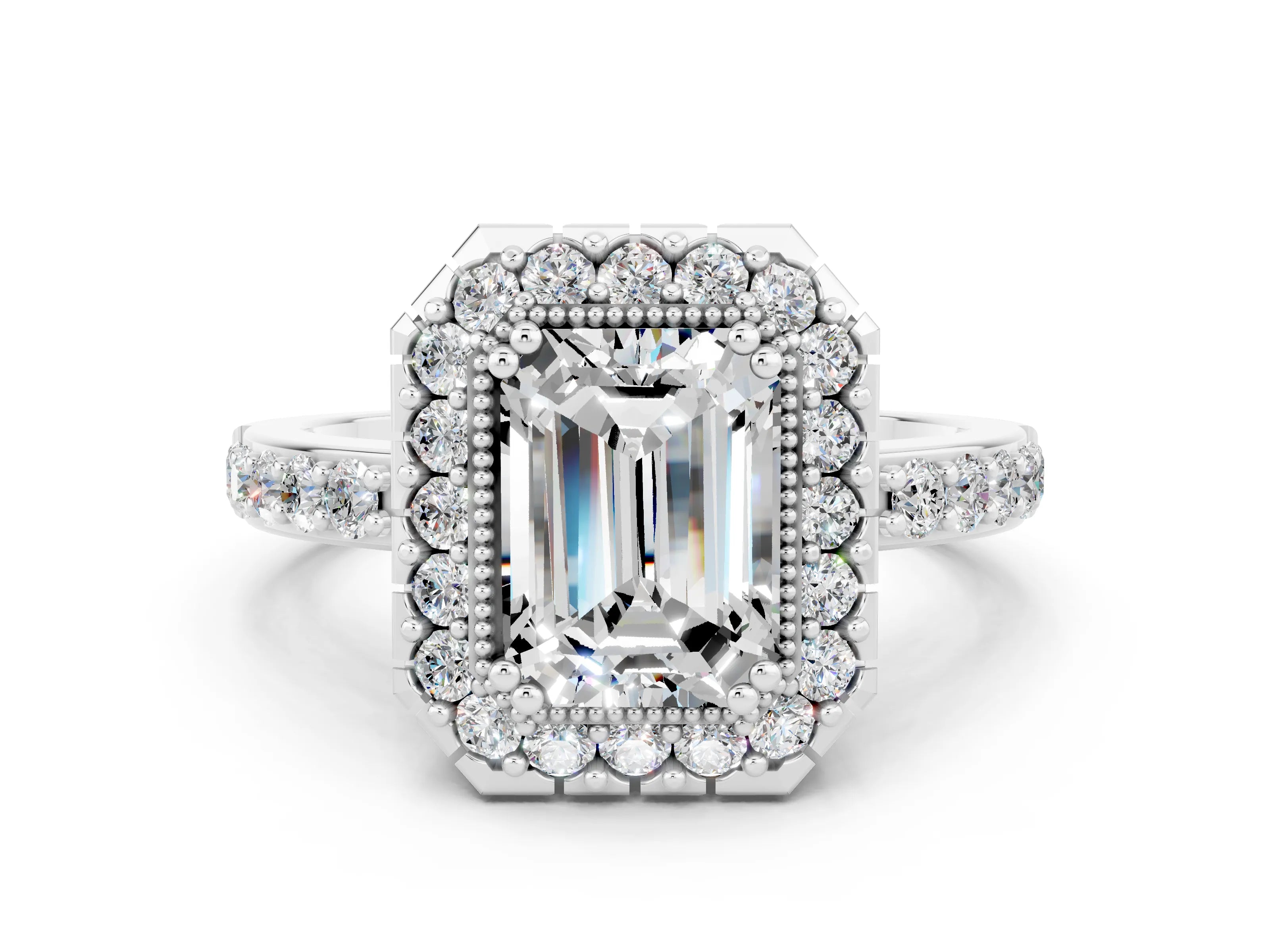 White gold Emerald Cut Diamond Halo Ring with Pavé Band and Prong Setting
