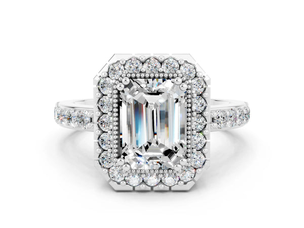 Silver Emerald Cut Moissanite Halo Ring with Pavé Band and Prong Setting