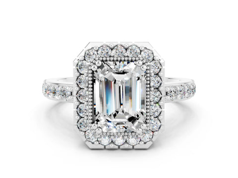 White gold Emerald Cut Diamond Halo Ring with Pavé Band and Prong Setting