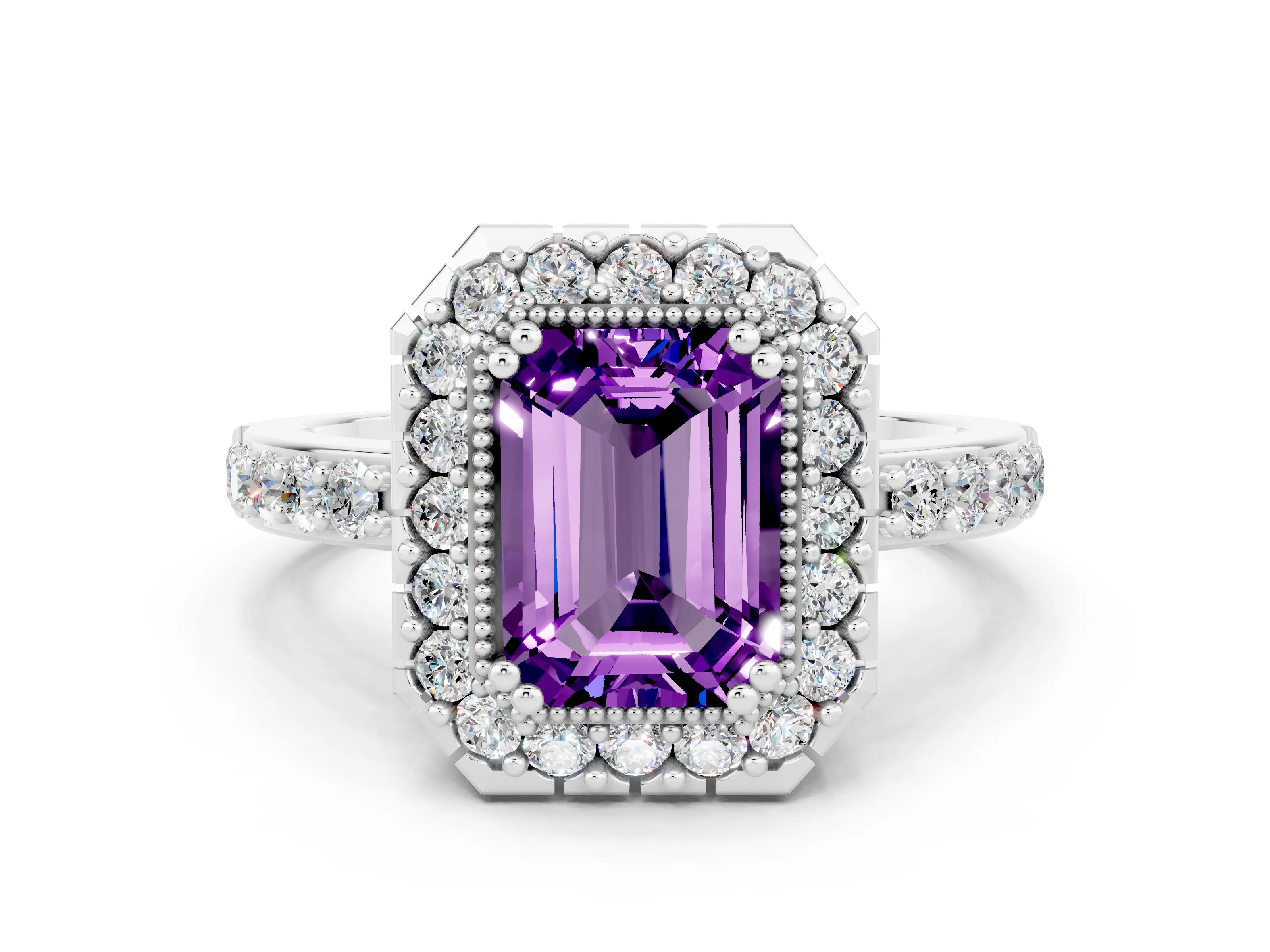 White gold Emerald Cut Diamond Halo Ring with Pavé Band and Prong Setting