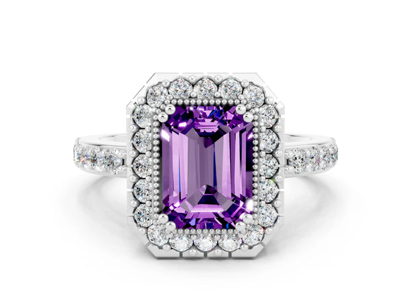 Platinum Emerald Cut Amethyst Halo Ring with Pavé Band and Prong Setting