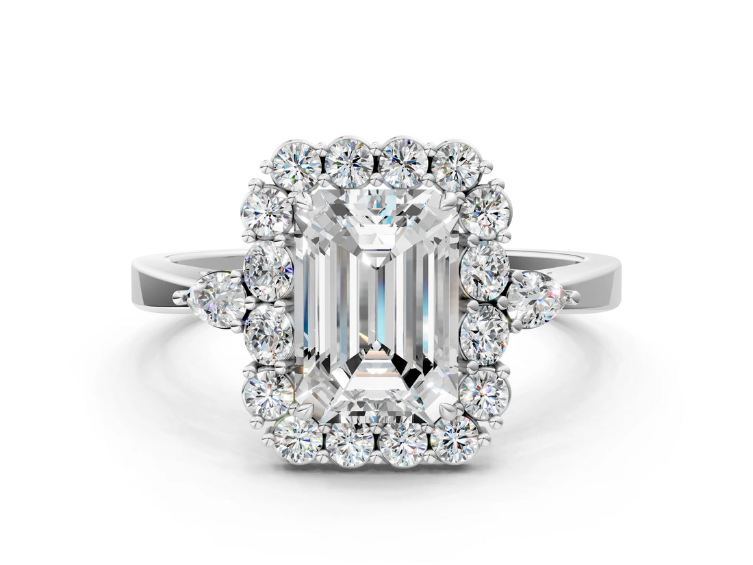 White gold Emerald Cut Diamond Halo Ring with Pear Side Stones and Prong Setting_72