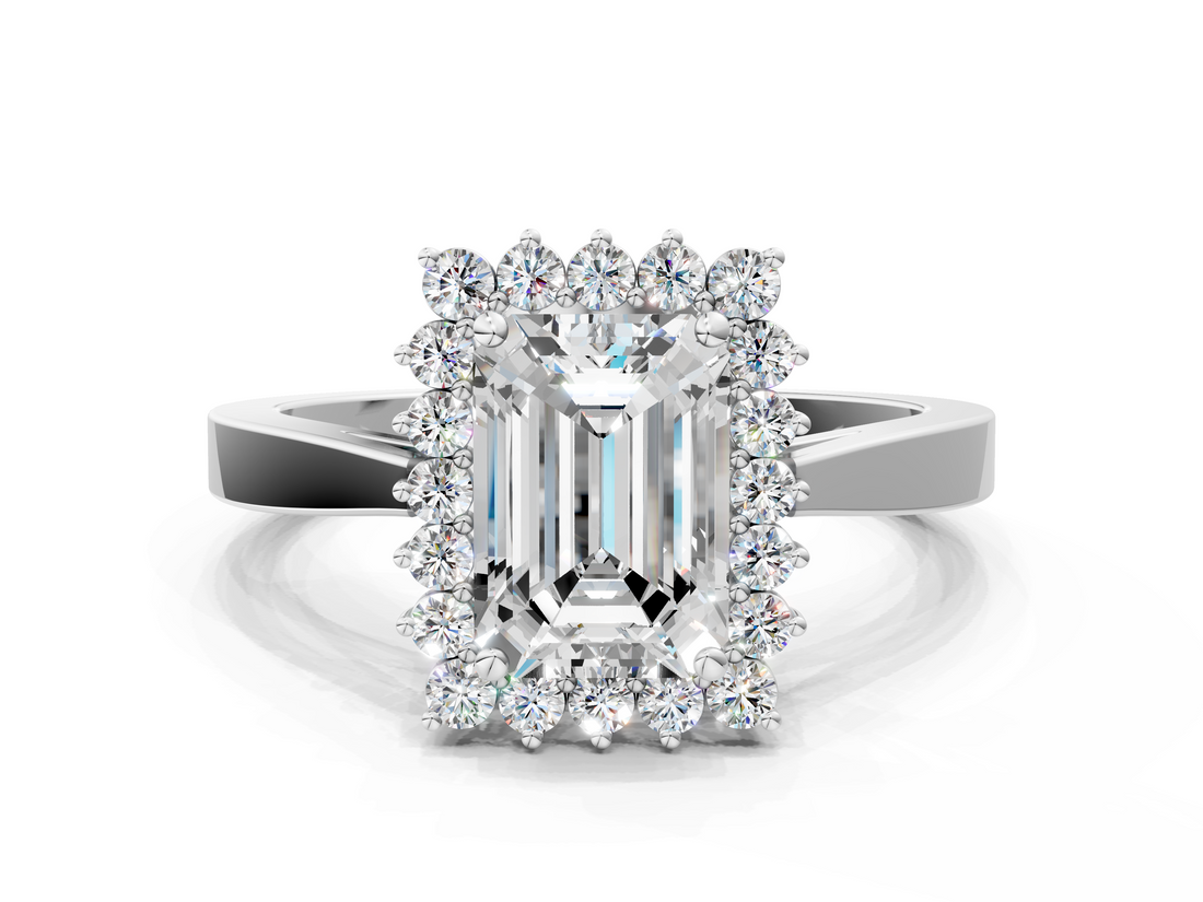 White gold Emerald Cut Diamond Halo Ring with Round Brilliant Halo and Solitaire Band_116