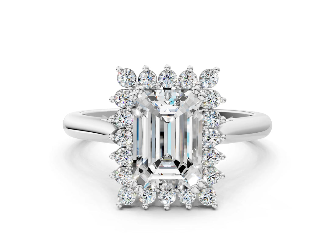 White gold Emerald Cut Diamond Halo Ring with Solitaire Band and Prong Setting_83