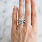 White gold Emerald Cut Diamond Halo Ring with Split Shank Pavé Band and Prong Setting_87