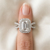 White gold Emerald Cut Diamond Halo Ring with Split Shank Pavé Band and Prong Setting_88