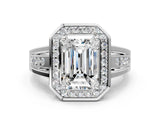 White gold Emerald Cut Diamond Halo Ring with Split Shank and Bezel Accents and Prong Setting_146