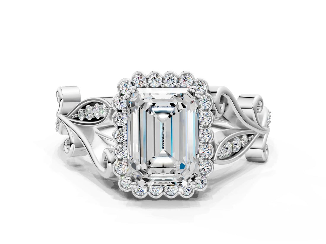White gold Emerald Cut Diamond Halo Ring with Vintage Split Shank and Four-Prong Setting_61