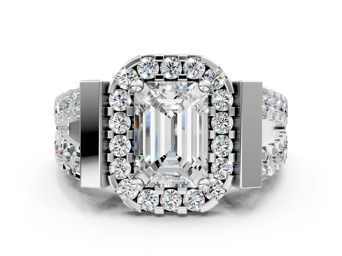 White gold Emerald Cut Diamond Halo Split Shank Prong Set Ring_7