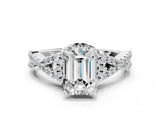 White gold Emerald Cut Diamond  Halo Twist Band Solitaire Prong Setting Ring_132