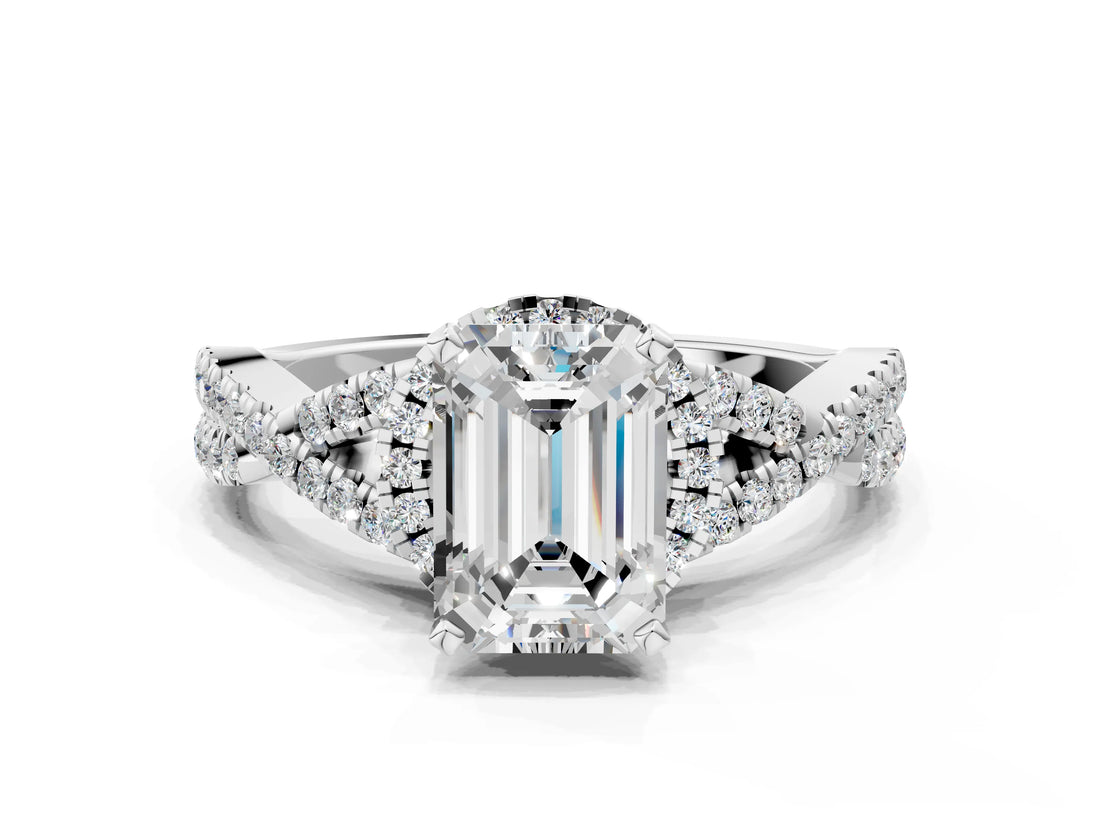 White gold Emerald Cut Diamond  Halo Twist Band Solitaire Prong Setting Ring_136