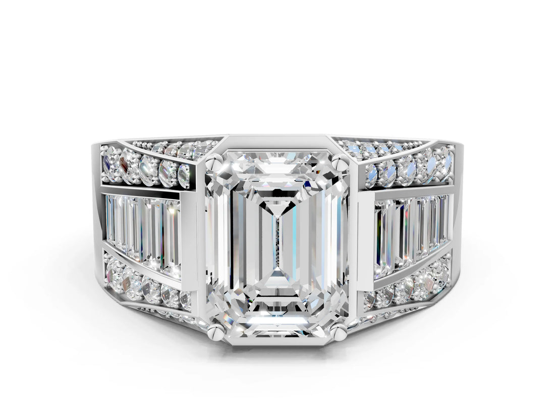 White gold Emerald Cut Diamond Mens Ring with Baguette Side Stones_48