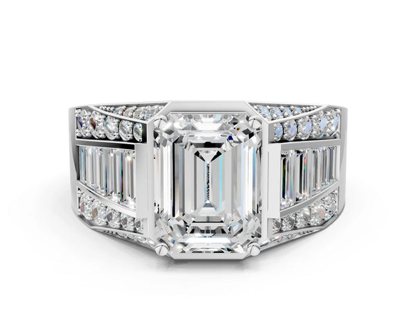 Platinum Emerald Cut Diamond Mens Ring with Baguette Side Stones