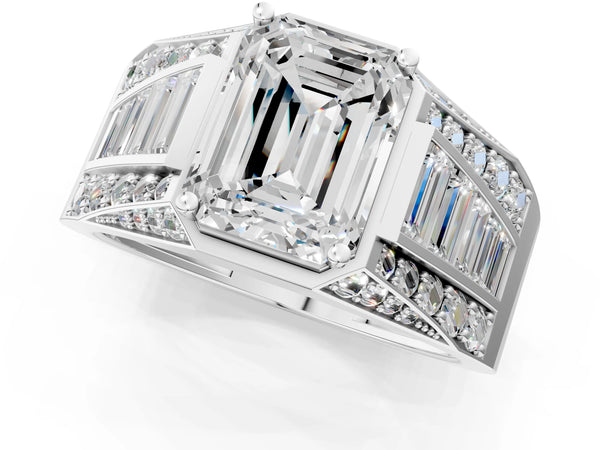 Platinum Emerald Cut Diamond Mens Ring with Baguette Side Stones