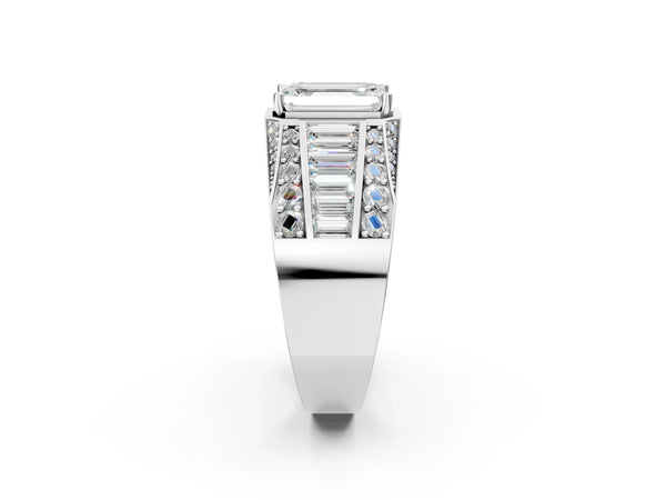 Platinum Emerald Cut Diamond Mens Ring with Baguette Side Stones