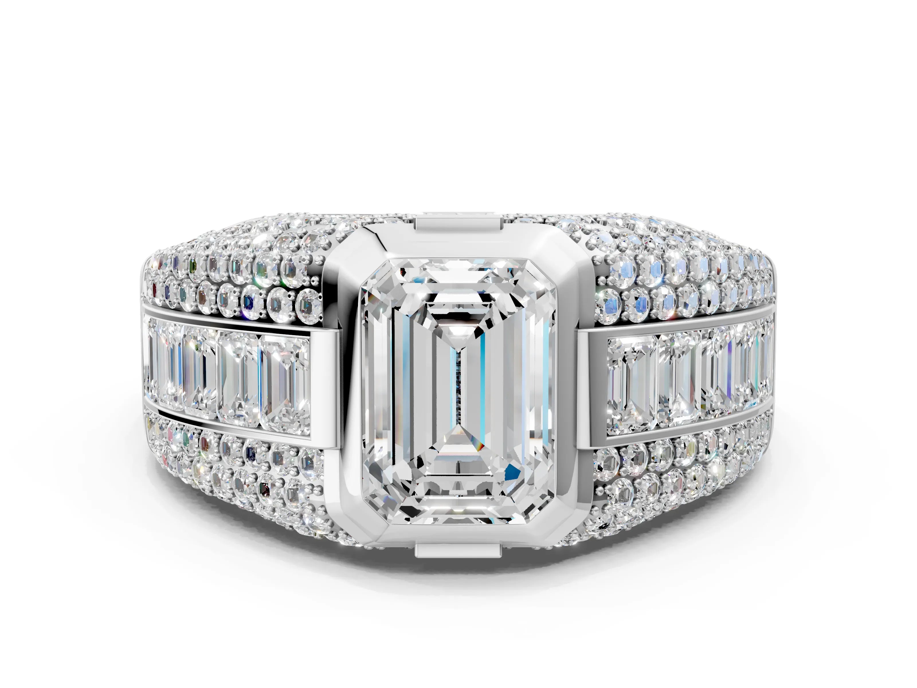 White gold Emerald Cut Diamond Mens Ring with Side Stones_24