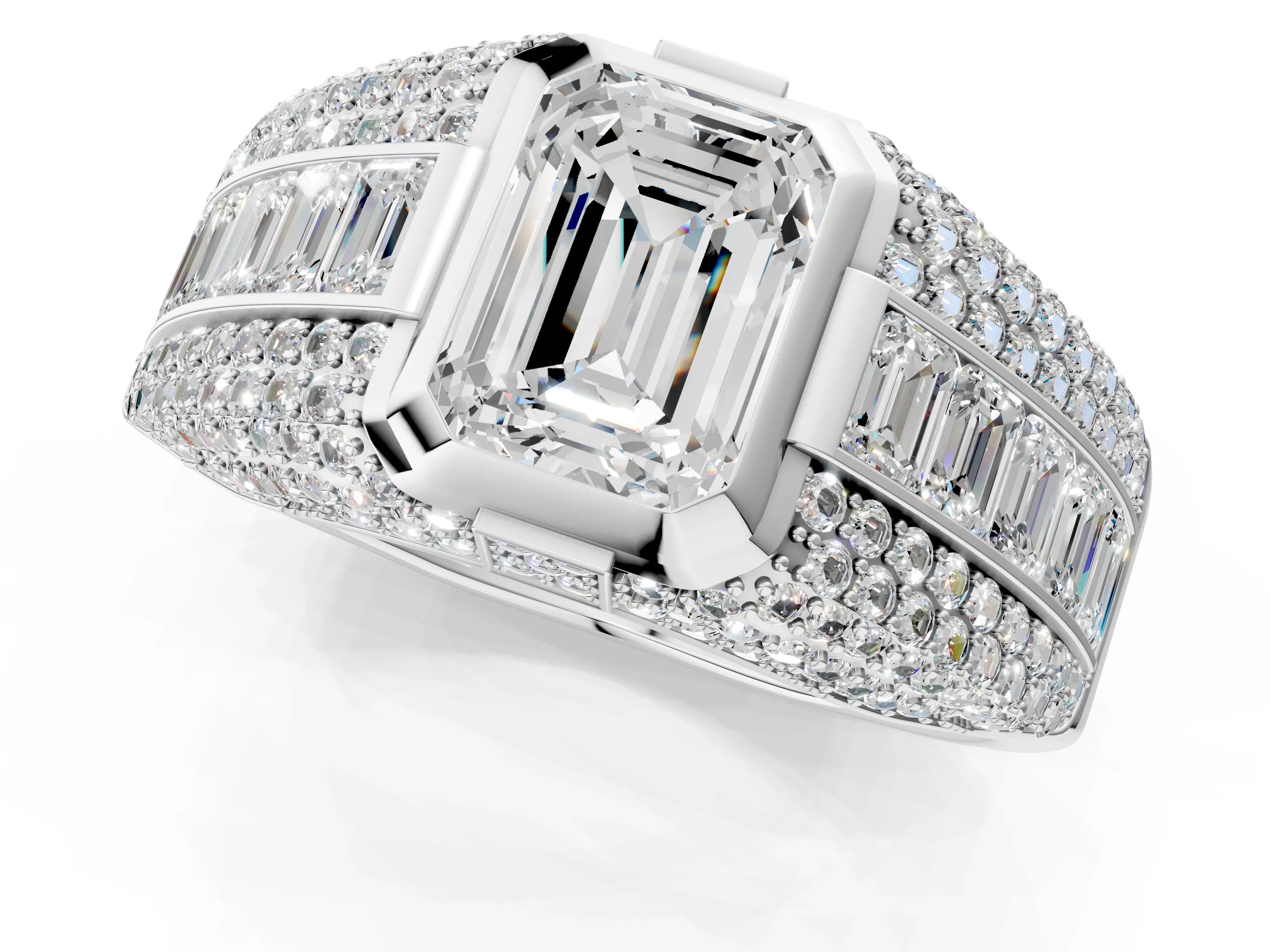 White gold Emerald Cut Diamond Mens Ring with Side Stones_25