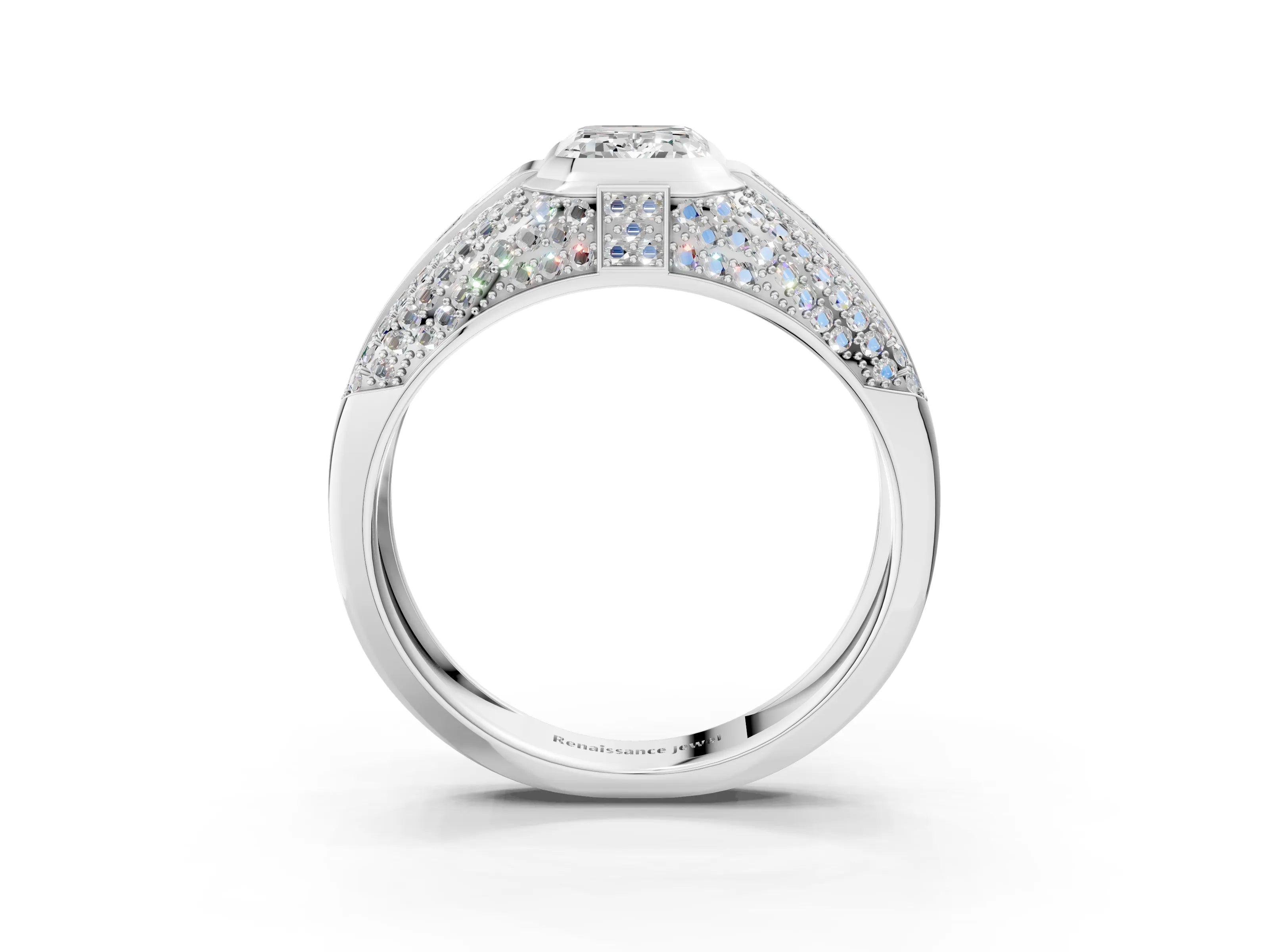 White gold Emerald Cut Diamond Mens Ring with Side Stones_27