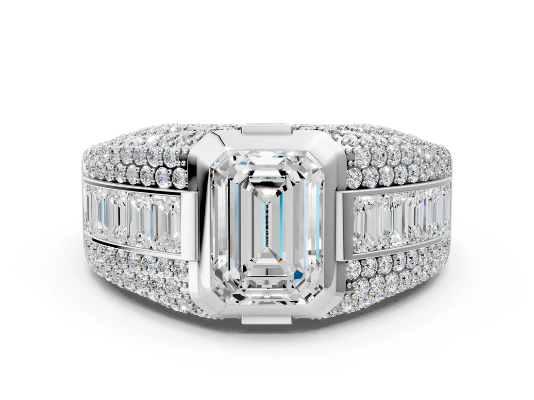 White gold Emerald Cut Diamond Mens Ring with Side Stones_36