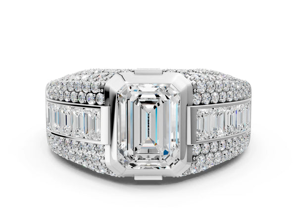 Platinum Emerald Cut Diamond Mens Ring with Side Stones