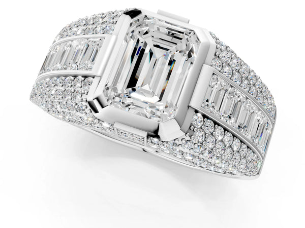 Platinum Emerald Cut Diamond Mens Ring with Side Stones
