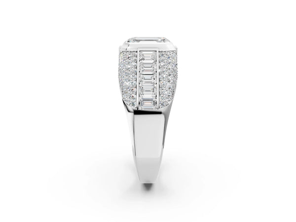 White gold Emerald Cut Diamond Mens Ring with Side Stones