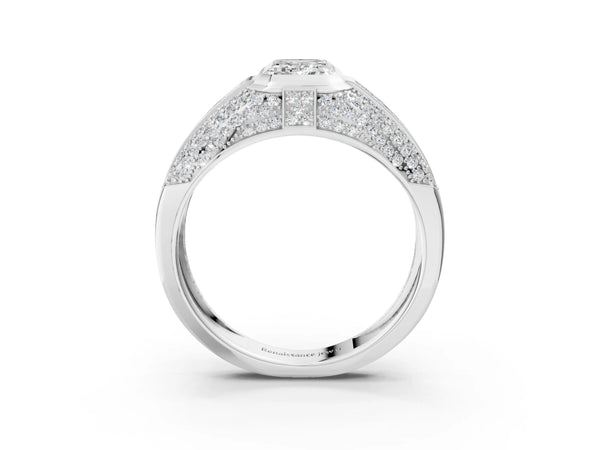 White gold Emerald Cut Diamond Mens Ring with Side Stones