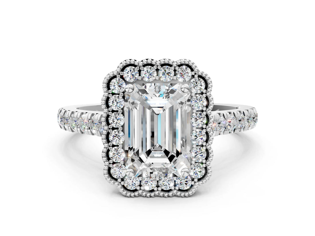 White gold Emerald Cut Diamond Milgrain Floral Halo Engagement Ring with Pavé Band_21
