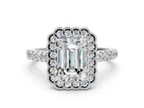 White gold Emerald Cut Diamond Milgrain Floral Halo Engagement Ring with Pavé Band_21