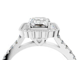 White gold Emerald Cut Diamond Milgrain Floral Halo Engagement Ring with Pavé Band_25
