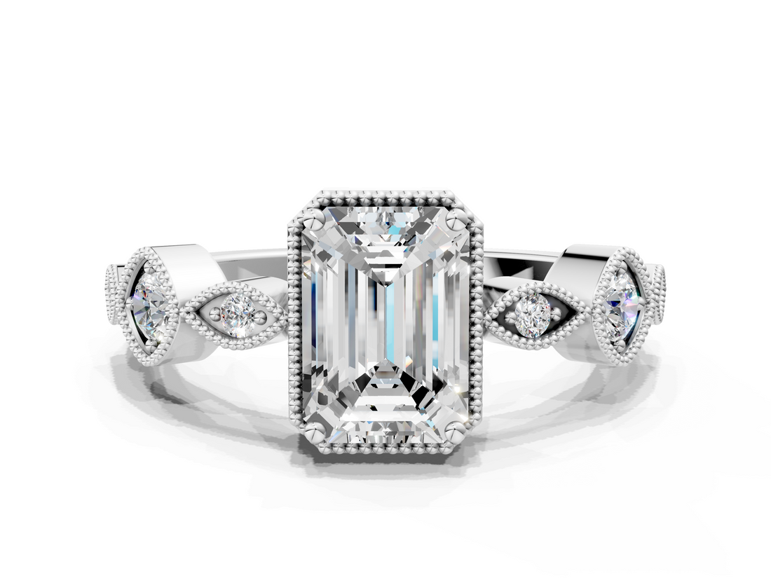 White gold Emerald Cut Diamond Milgrain Marquise Band with Prong Setting_5