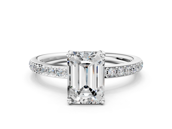 White gold Emerald Cut Diamond Pavé Band Ring with Four-Prong Setting