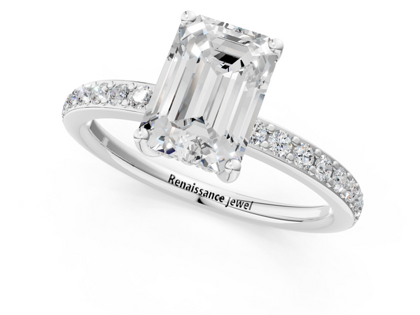 White gold Emerald Cut Diamond Pavé Band Ring with Four-Prong Setting