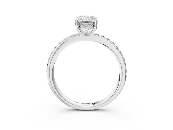 White gold Emerald Cut Diamond Pavé Band Ring with Four-Prong Setting
