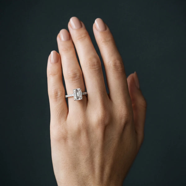 White gold Emerald Cut Diamond Pavé Band Ring with Four-Prong Setting