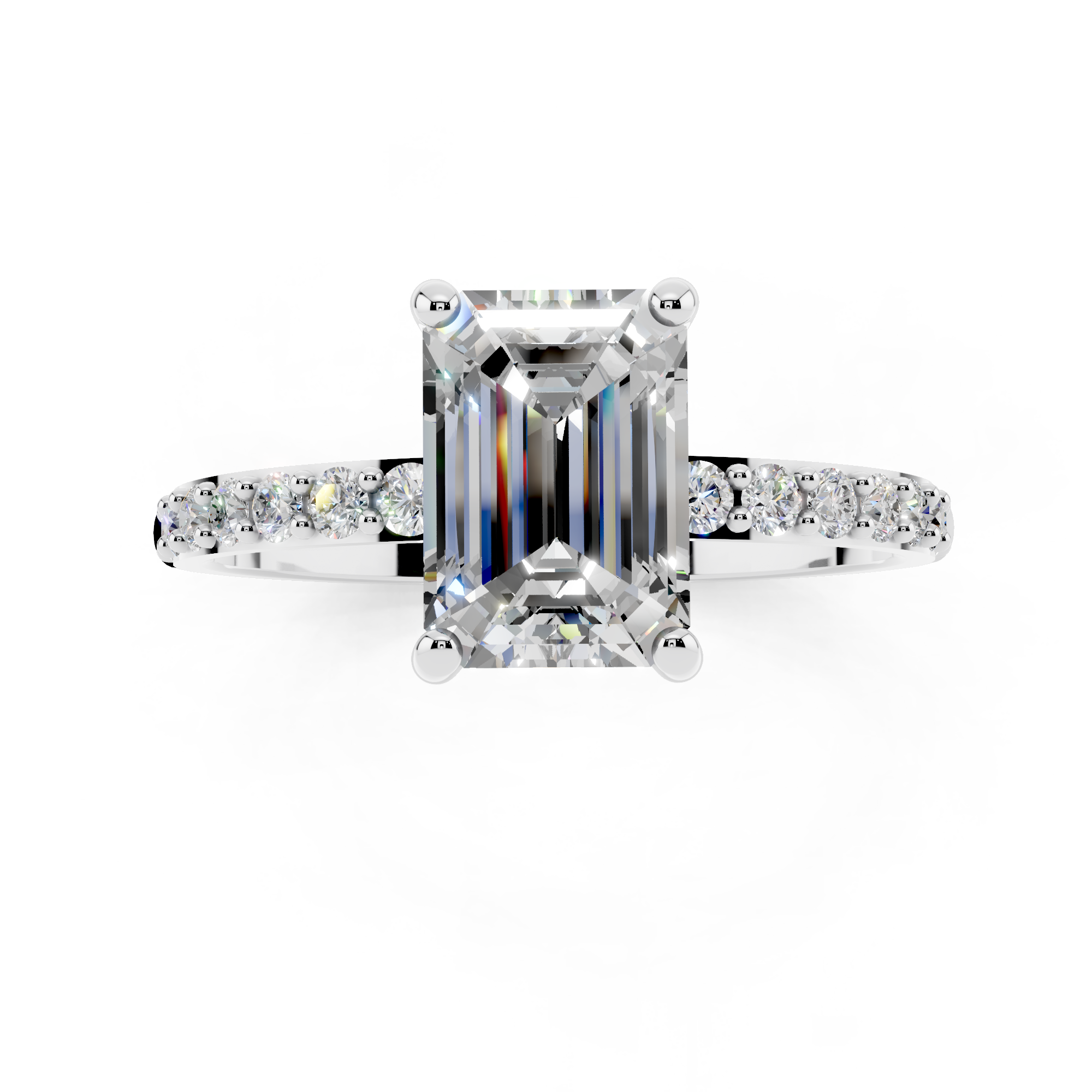 White gold Emerald Cut Diamond Pavé Band Solitaire Ring with Four-Prong Setting_10