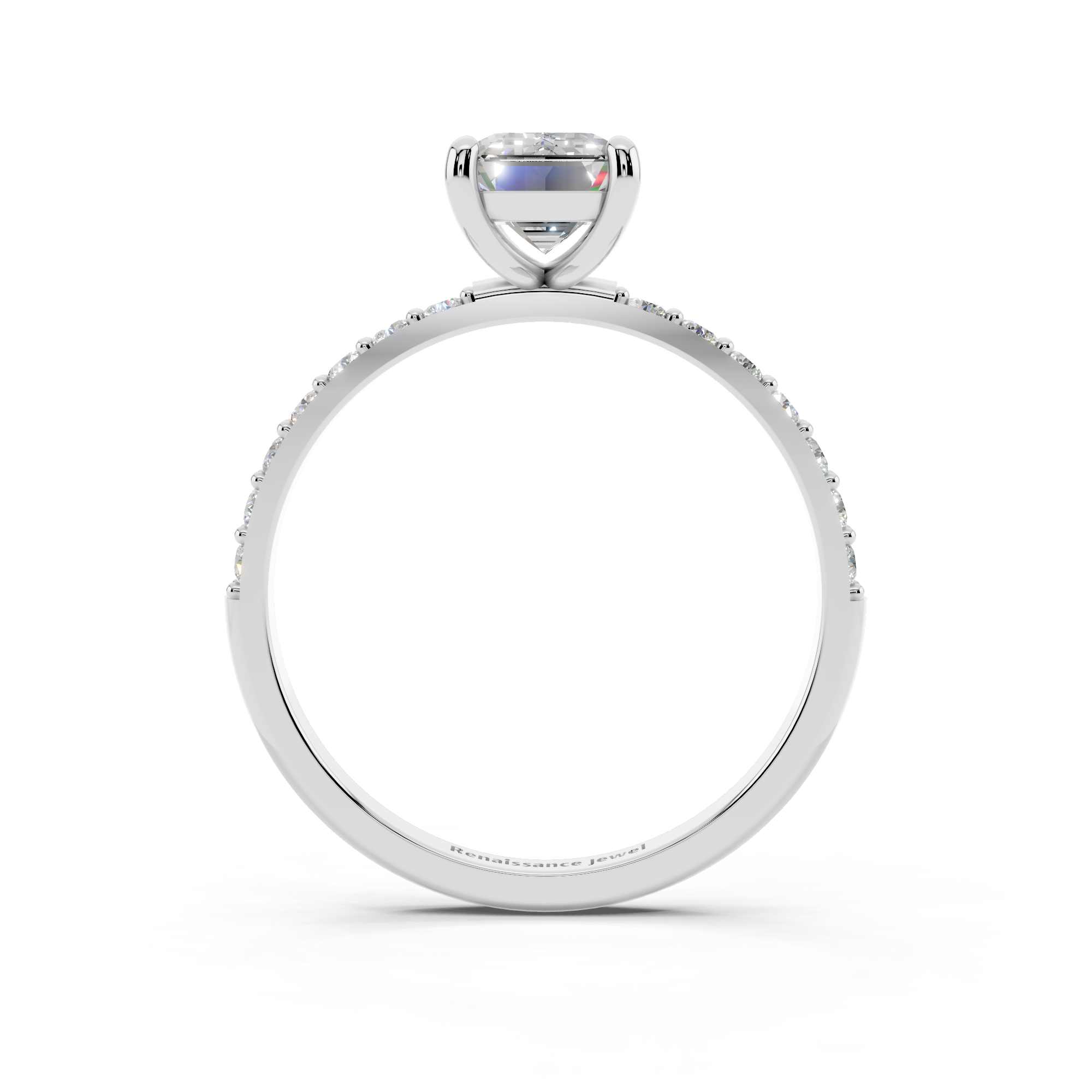 White gold Emerald Cut Diamond Pavé Band Solitaire Ring with Four-Prong Setting_11