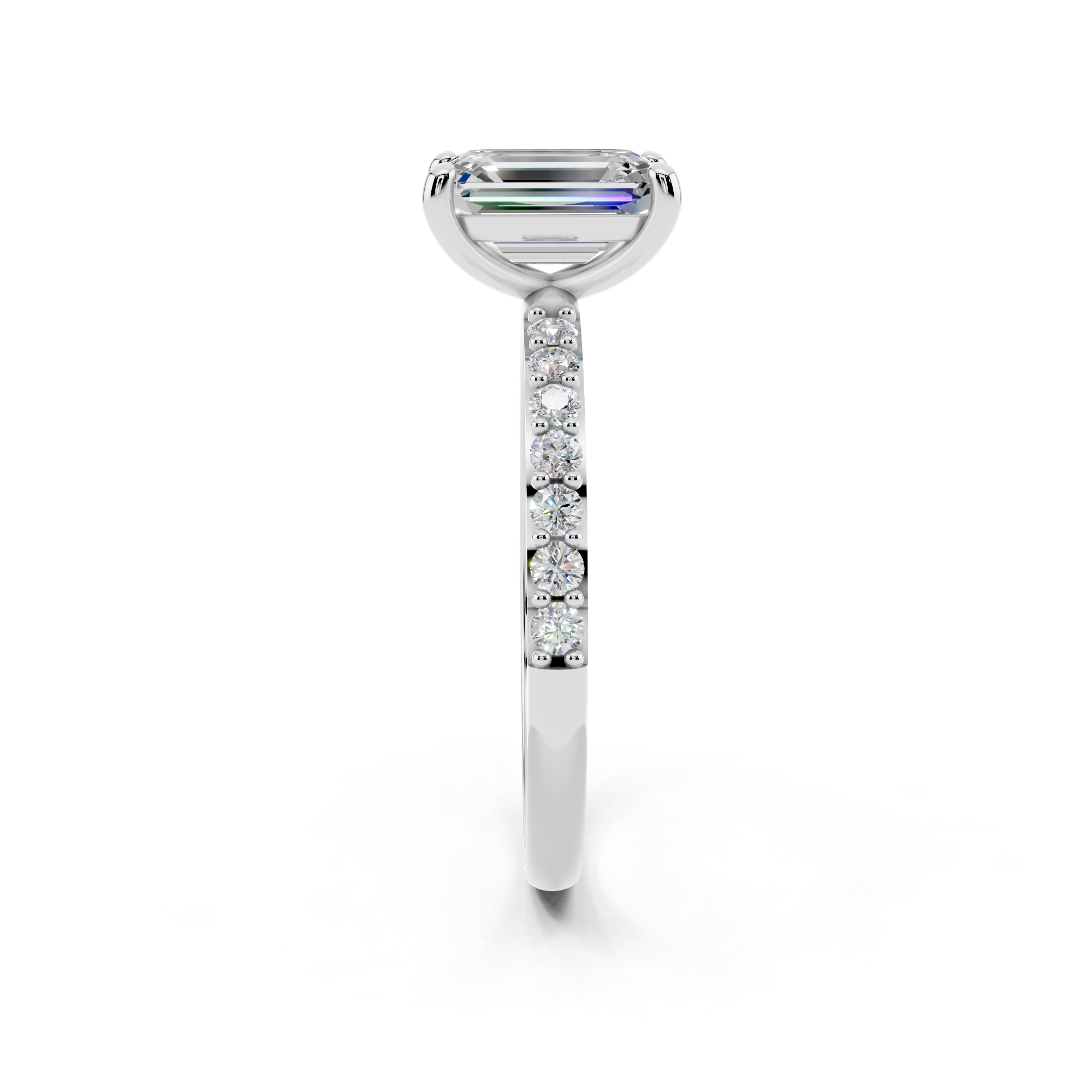 White gold Emerald Cut Diamond Pavé Band Solitaire Ring with Four-Prong Setting_12
