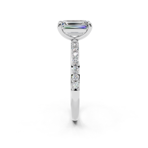White gold Emerald Cut Diamond Pavé Band Solitaire Ring with Four-Prong Setting_12