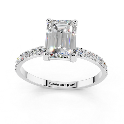 White gold Emerald Cut Diamond Pavé Band Solitaire Ring with Four-Prong Setting_9