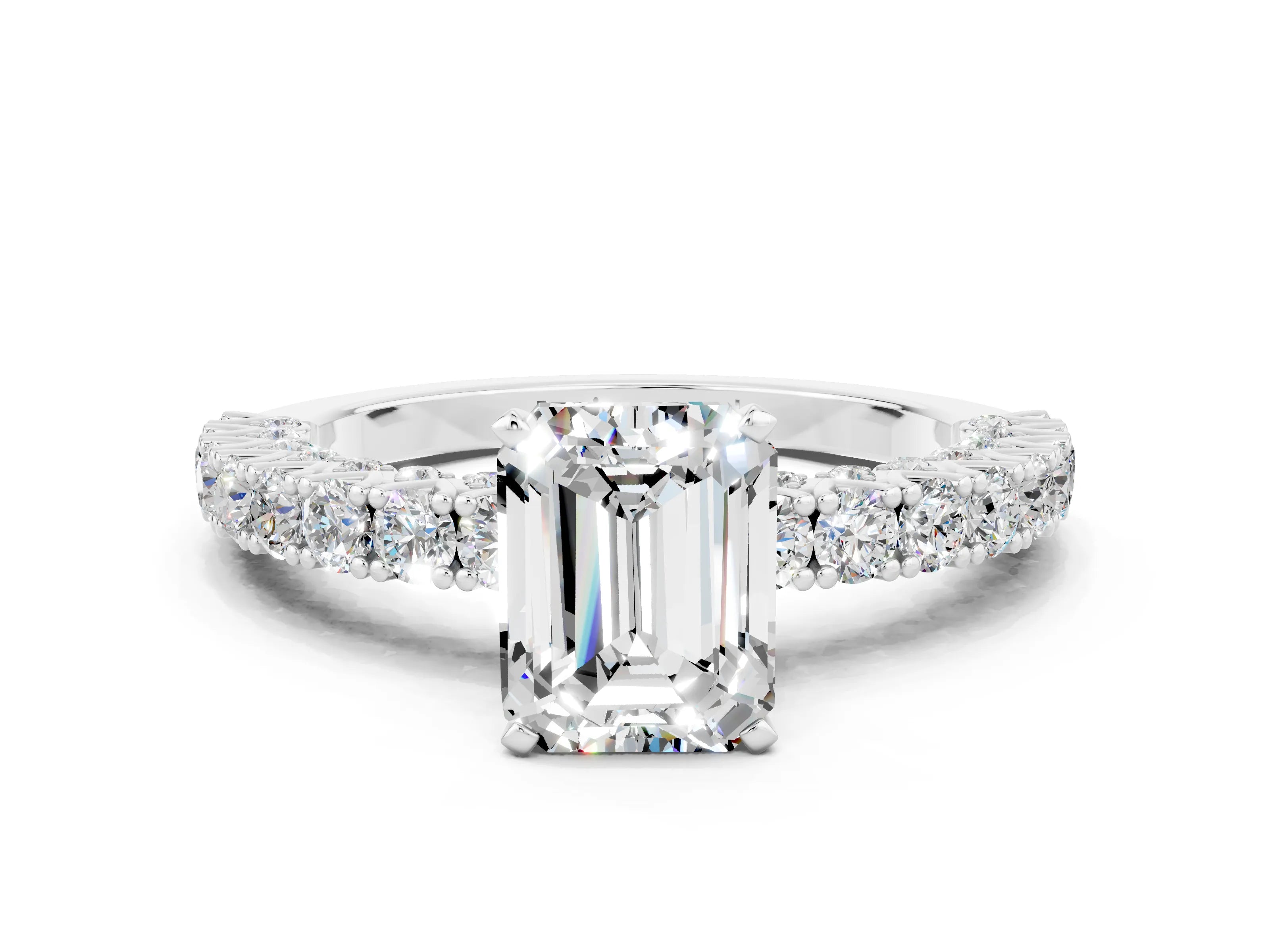White gold Emerald Cut Diamond Pavé Band Solitaire Ring with Prong Setting