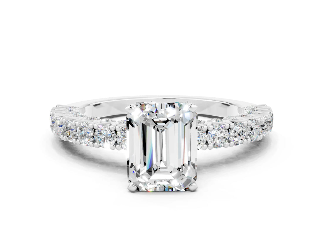 White gold Emerald Cut Diamond Pavé Band Solitaire Ring with Prong Setting