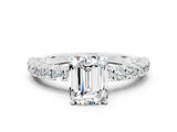 White gold Emerald Cut Diamond Pavé Band Solitaire Ring with Prong Setting