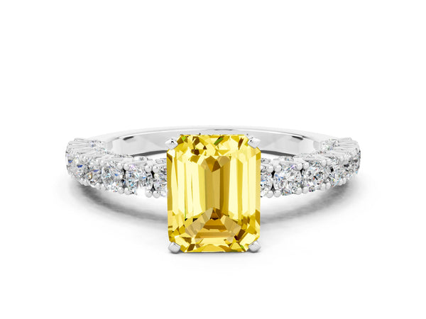 Platinum Emerald Cut Diamond Pavé Band Solitaire Ring with Prong Setting