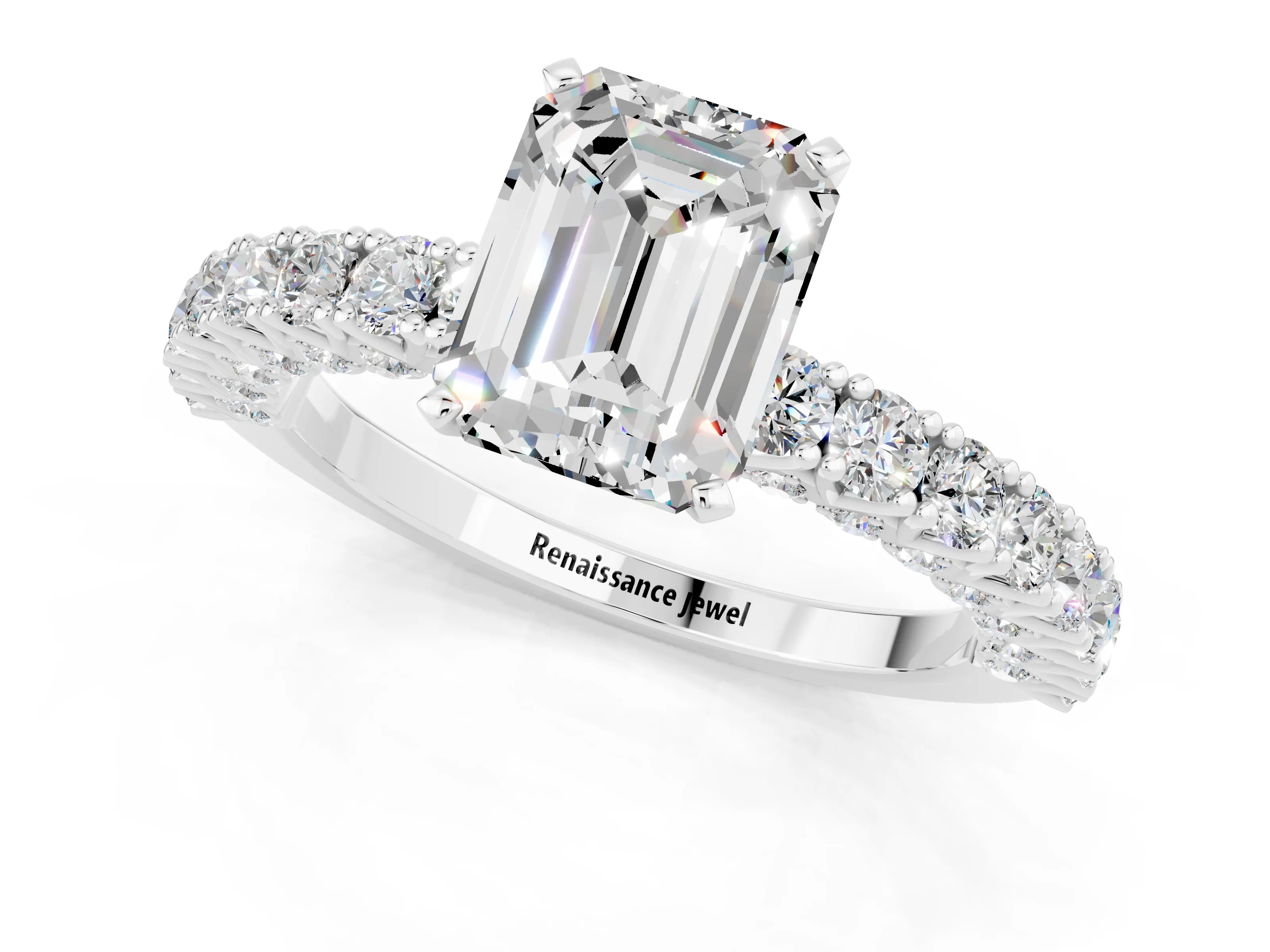 White gold Emerald Cut Diamond Pavé Band Solitaire Ring with Prong Setting_1