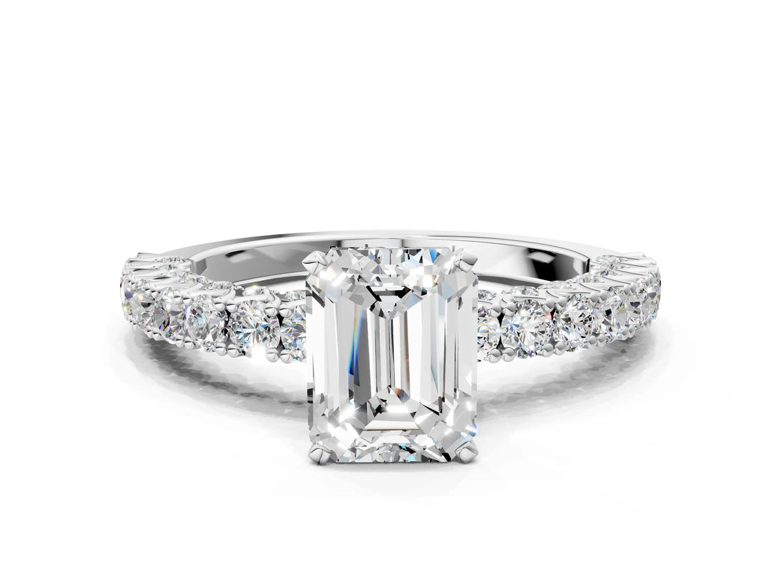 White gold Emerald Cut Diamond Pavé Band Solitaire Ring with Prong Setting_133