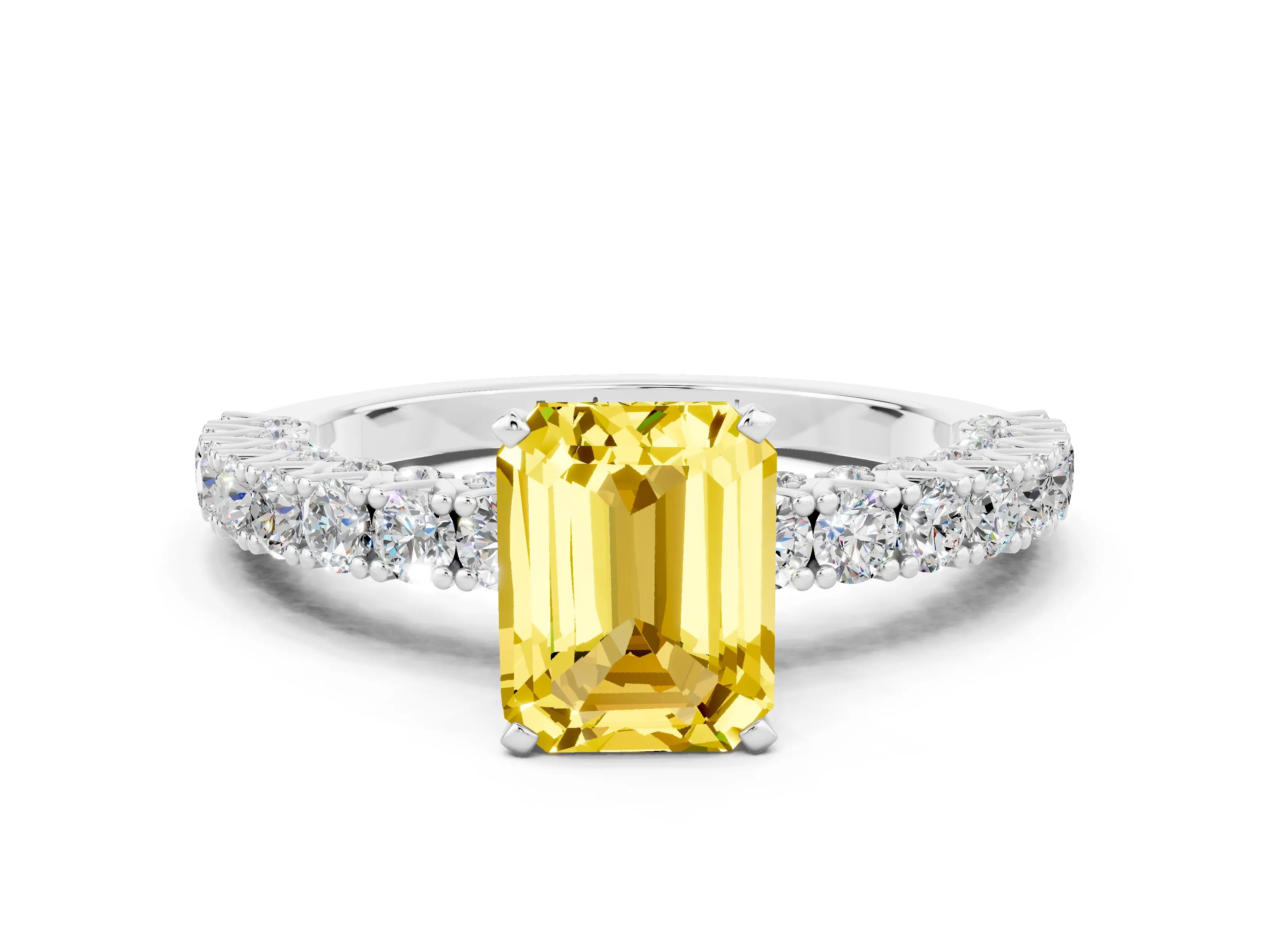 White gold Emerald Cut Diamond Pavé Band Solitaire Ring with Prong Setting