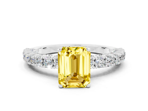 White gold Emerald Cut Diamond Pavé Band Solitaire Ring with Prong Setting