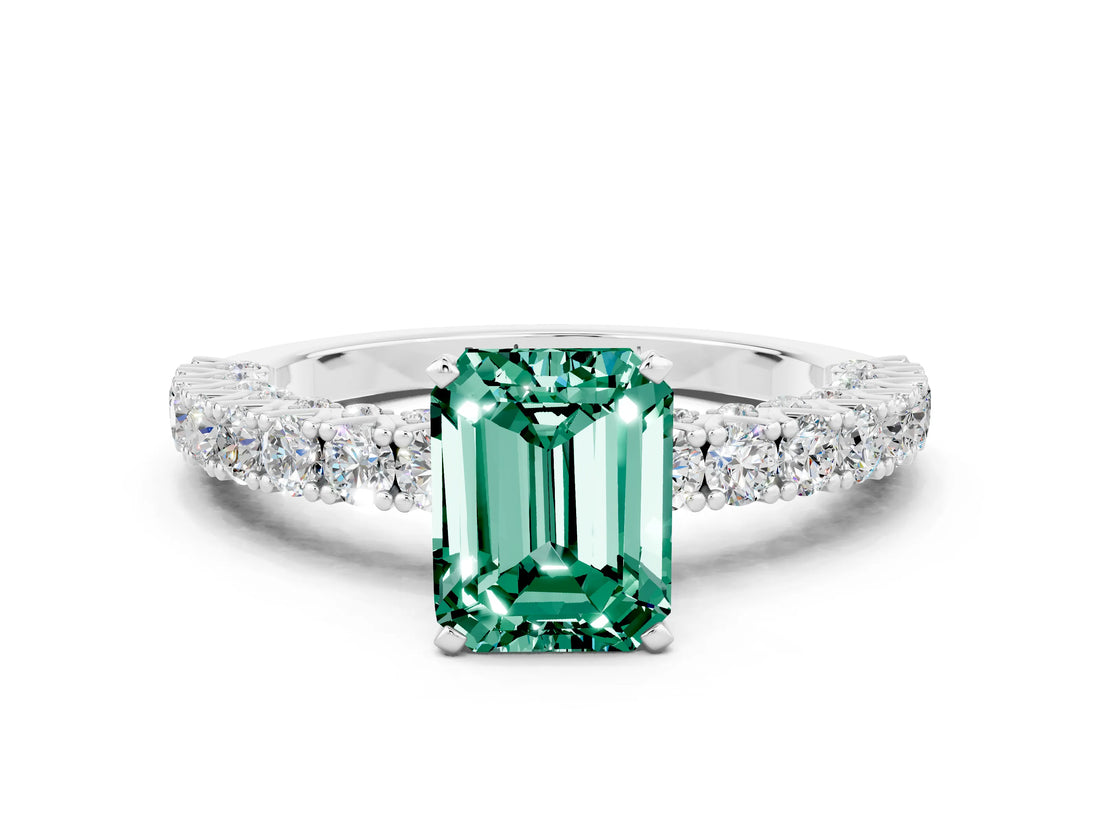 White gold Emerald Cut Diamond Pavé Band Solitaire Ring with Prong Setting